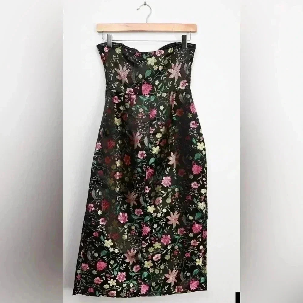 NWT LULUS Make a Move Black Satin Floral Jacquard Strapless Midi Dress - Picture 3 of 11